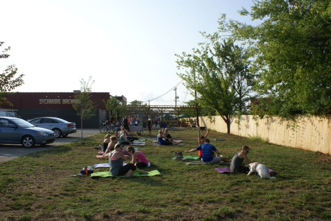 enjoying yoga at Sycamore Brewer in the Southend near Uptown Charlotte