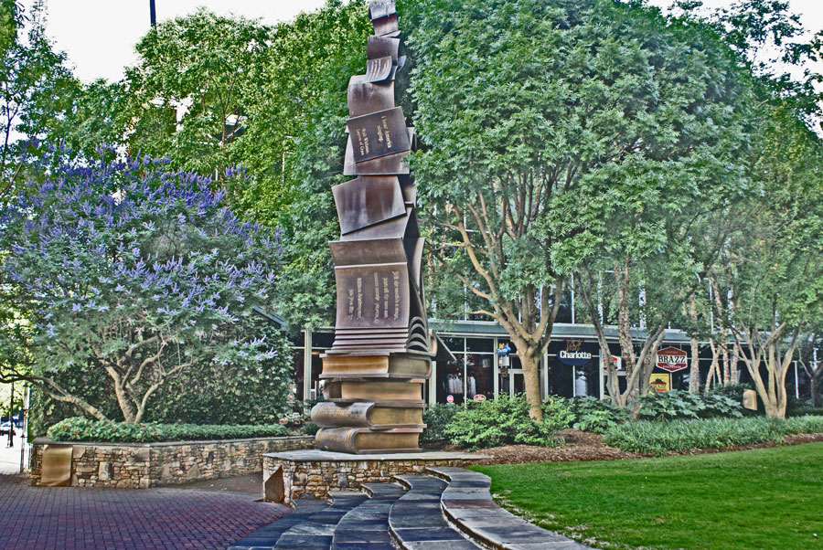 books stacked two stories high on The Green in Uptown Charlotte.