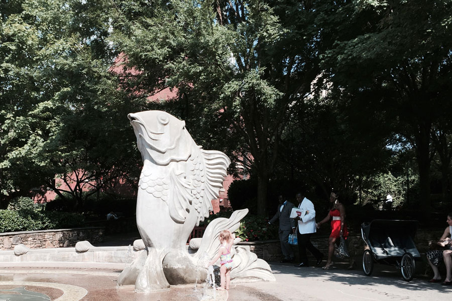 A fish sculptures and fountains on the Green in Uptown Charlotte