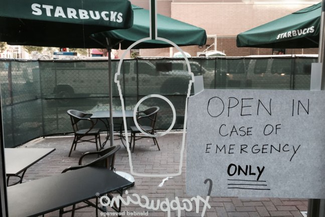 Starbucks open in case of emergency. A sign seen in Uptown Charlotte.