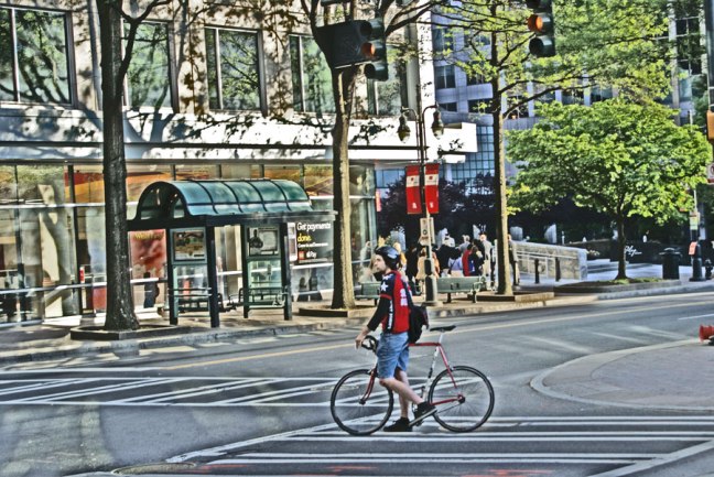 A Jimmy Johns delivery cyclist in Uptown Charlotte