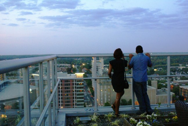 A couple enjoying the view of Uptown Charlotte