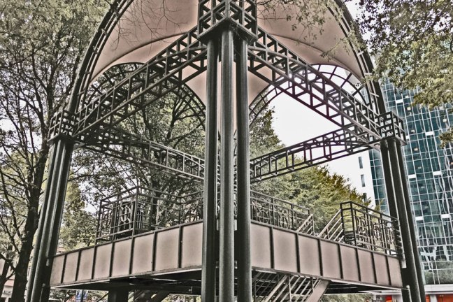 A gazebo in the Two Wells Fargo plaza in Uptown Charlotte