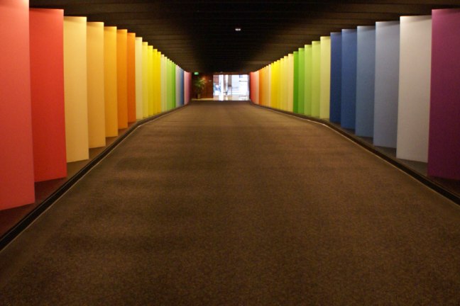 Colorful hall connecting office buildings in Uptown Charlotte