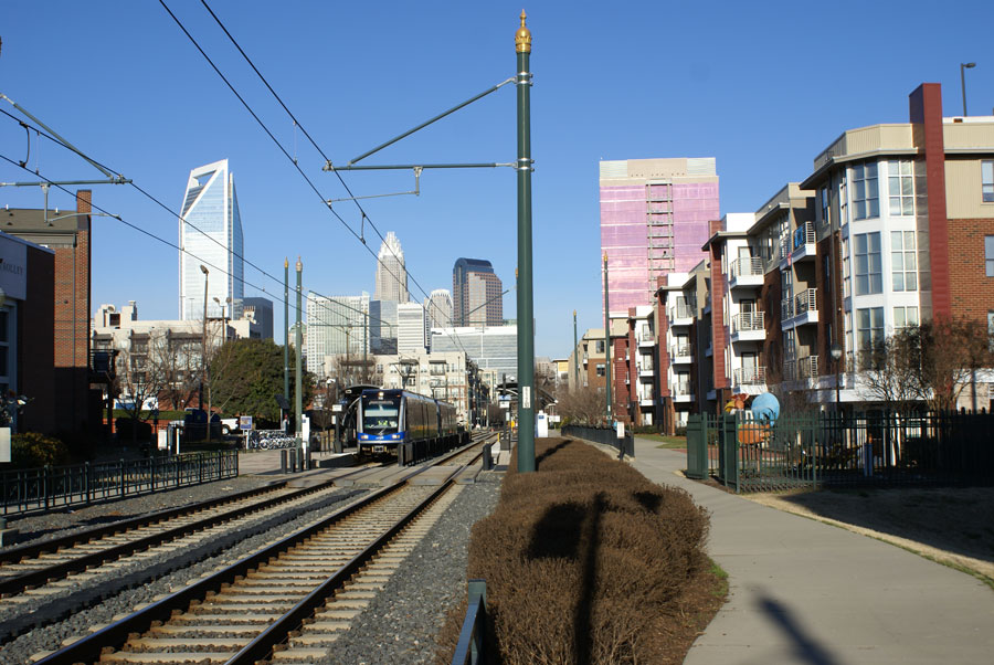 A lightrail station in the South End near Uptown Charlotte.