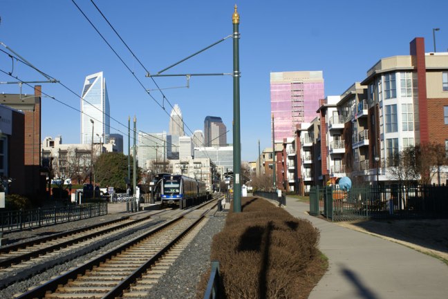A lightrail station in the South End near Uptown Charlotte.