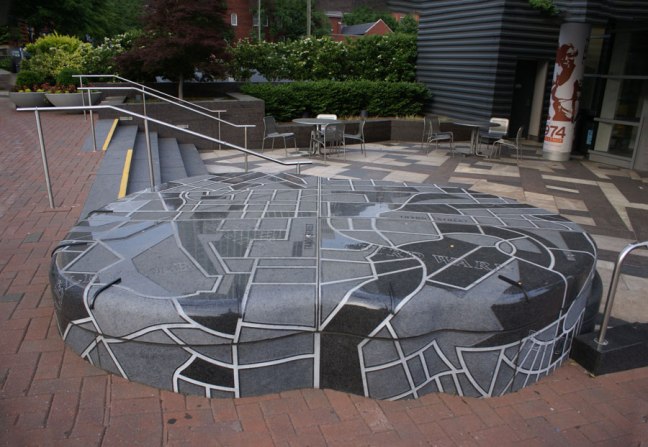 An interesting piece of art, at street map you can walk on, is found at the  Harvey B. Gantt Center for African-American Arts and Culture in Uptown Charlotte
