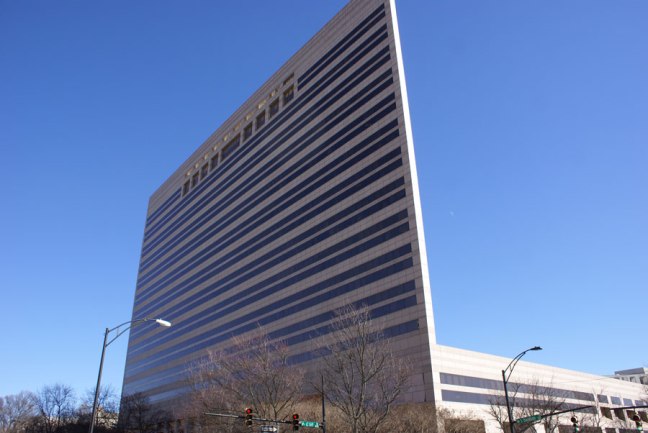 A thin building, at least what appears to be a thin building. The Mecklenburg Government Center (CMGC) in Uptown Charlotte