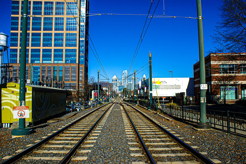 On the light rail tracks looking toward uptown Charlotte.
